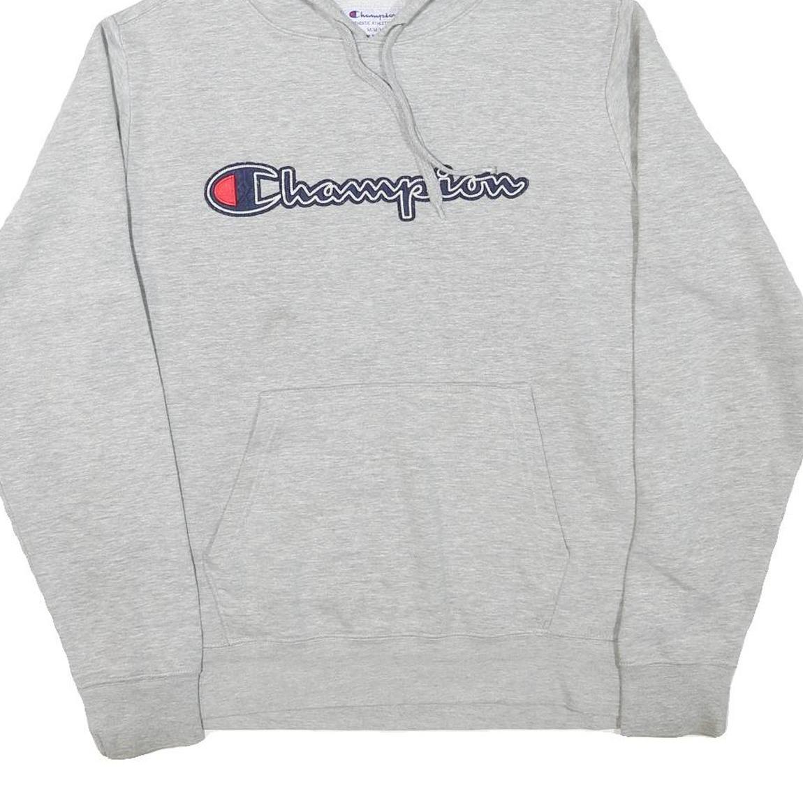 CHAMPION Mens Grey Pullover Hoodie M Embroidered Logo Cotton Blend
