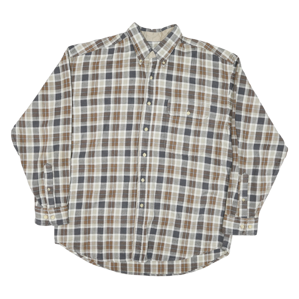 POINTS WEST Mens Beige Brown Check Shirt M Button Down Collar Long Sleeve Cotton