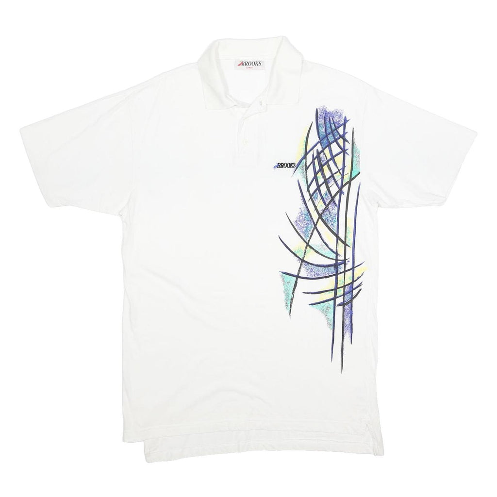 BROOKS Mens White Abstract Print Short Sleeve Polo Shirt L Cotton Casual