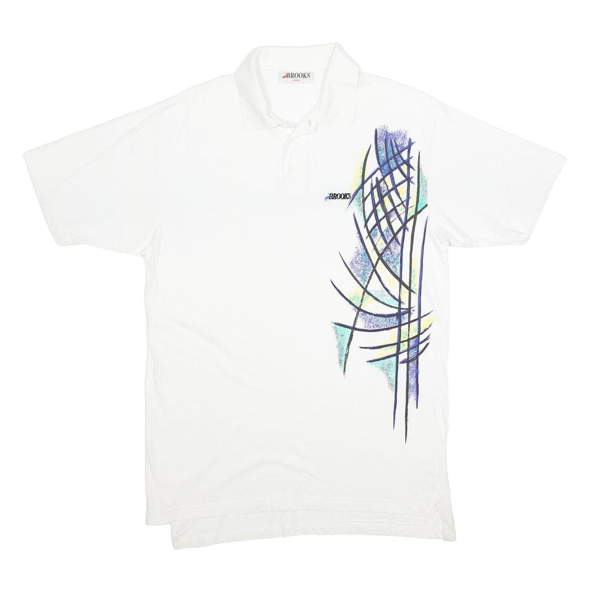 BROOKS Mens White Abstract Print Short Sleeve Polo Shirt L Cotton Casual