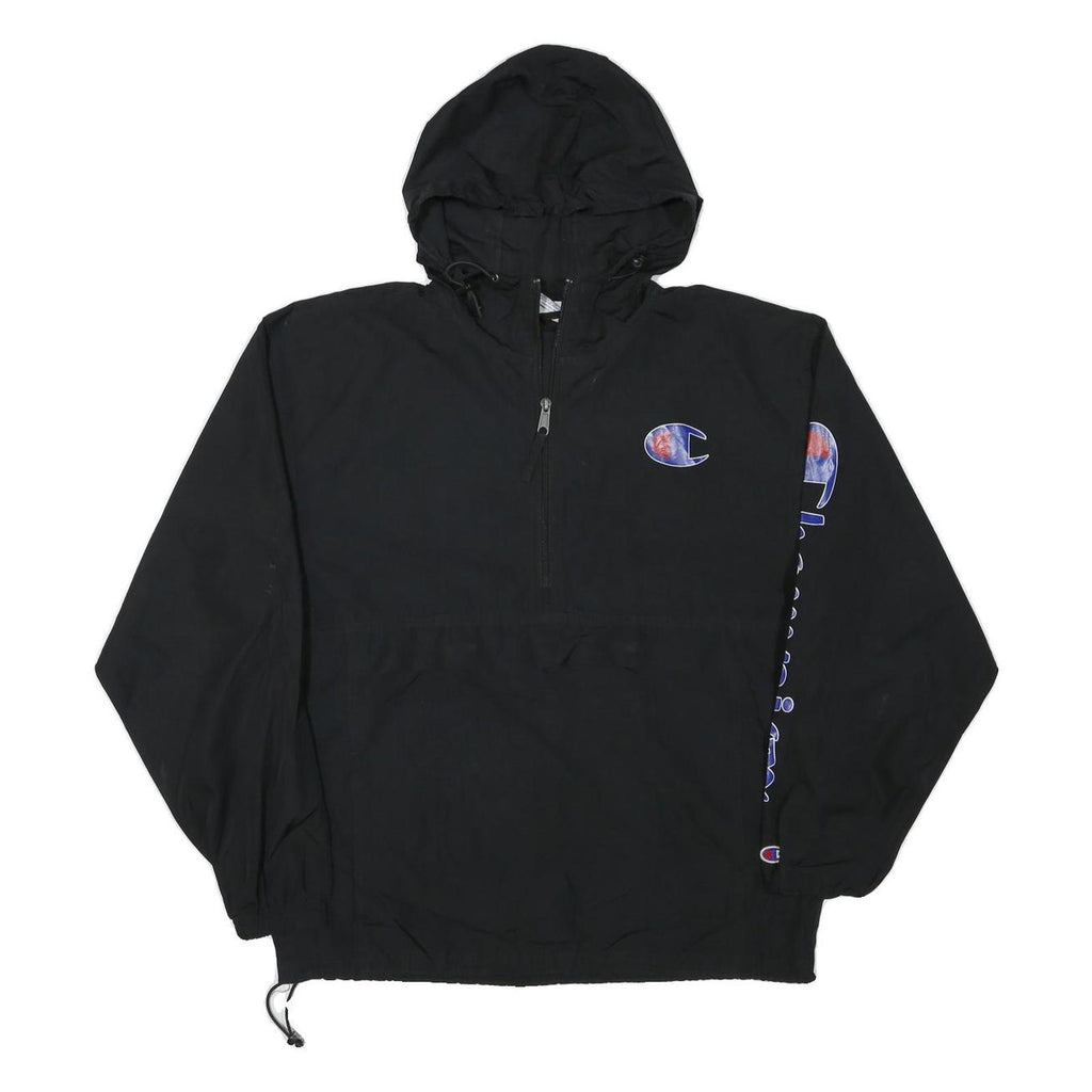 CHAMPION Mens Black Hooded Jacket M Polyester Blend Zip Logo Print Casual