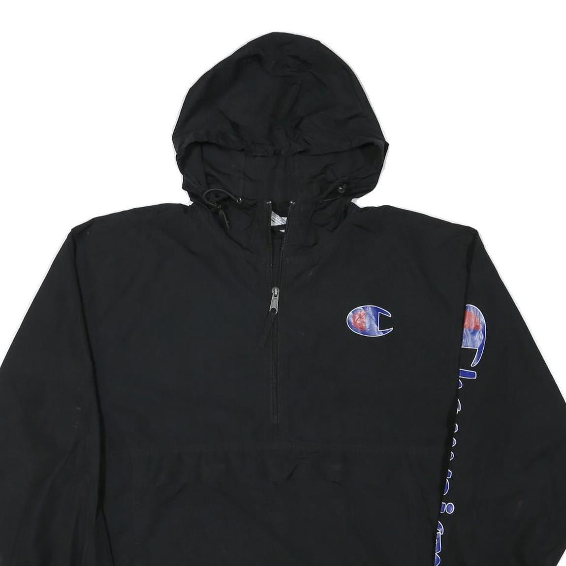 CHAMPION Mens Black Hooded Jacket M Polyester Blend Zip Logo Print Casual