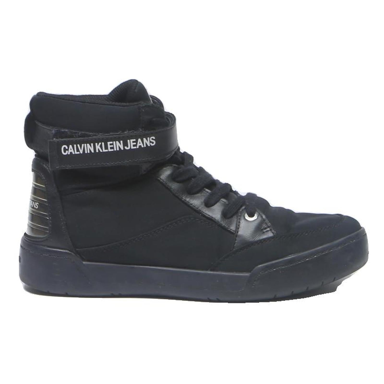 CALVIN KLEIN JEANS Womens Lace-Up High Top Trainers Black Leather UK 5 Stylish