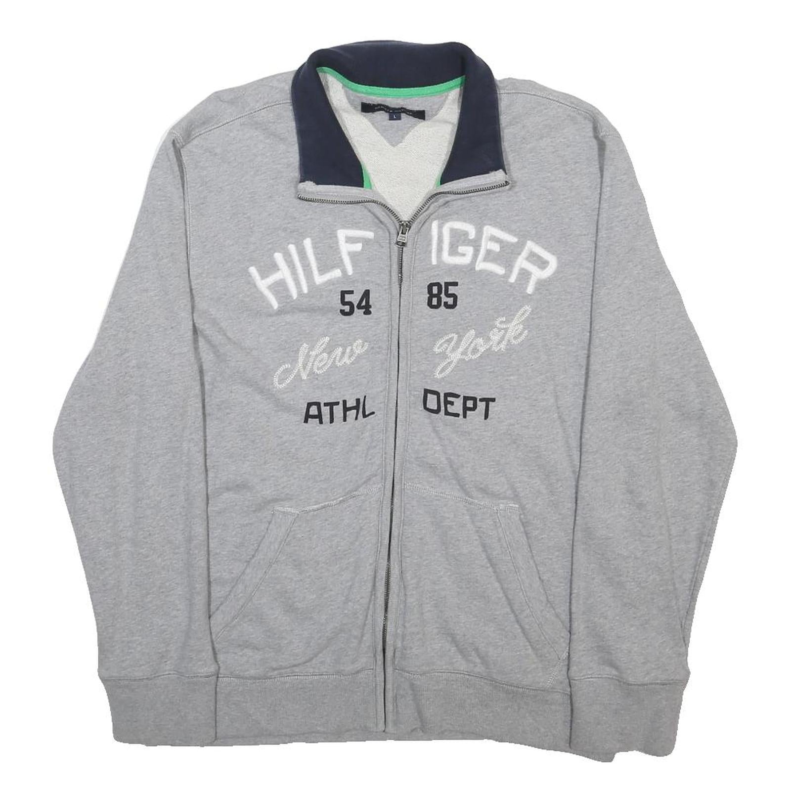 TOMMY HILFIGER Mens Grey & Navy Hilfiger Zip Cotton Jacket L Sweatshirt Casual