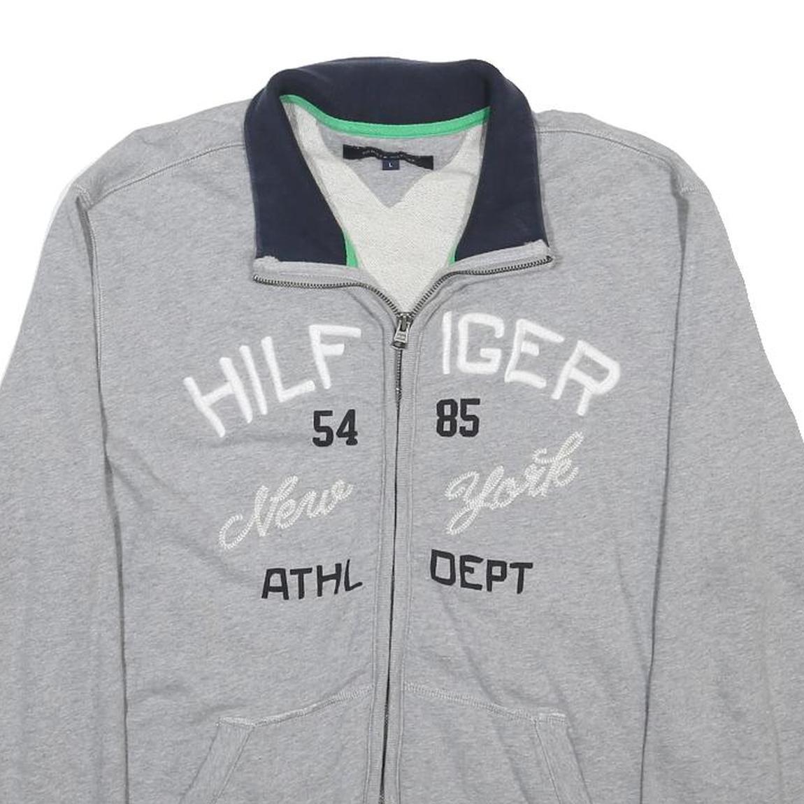 TOMMY HILFIGER Mens Grey & Navy Hilfiger Zip Cotton Jacket L Sweatshirt Casual