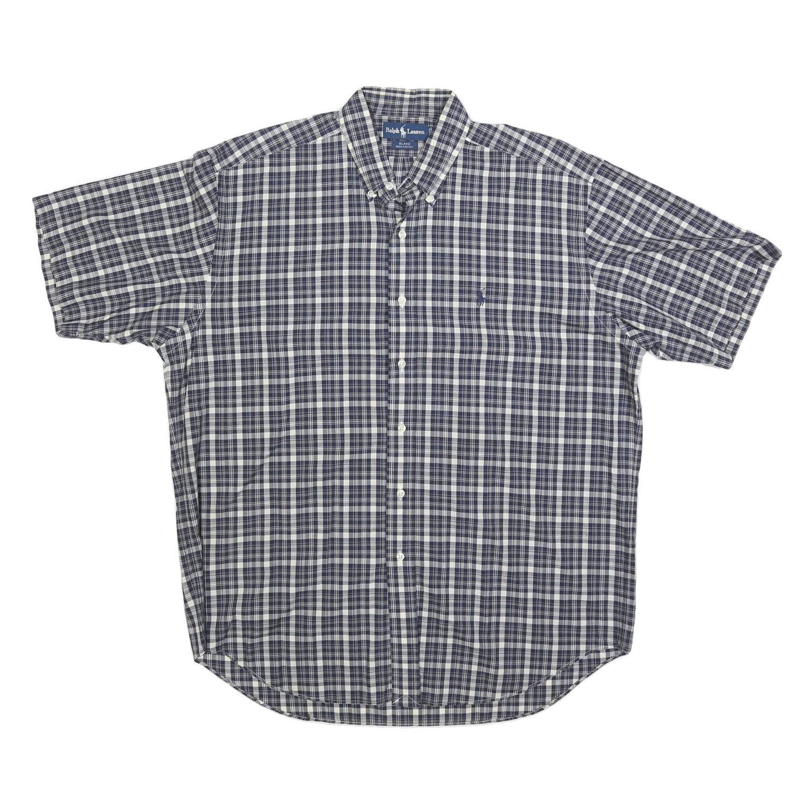 RALPH LAUREN Mens Blue & White Check Shirt L Button-Down Short Sleeve Cotton