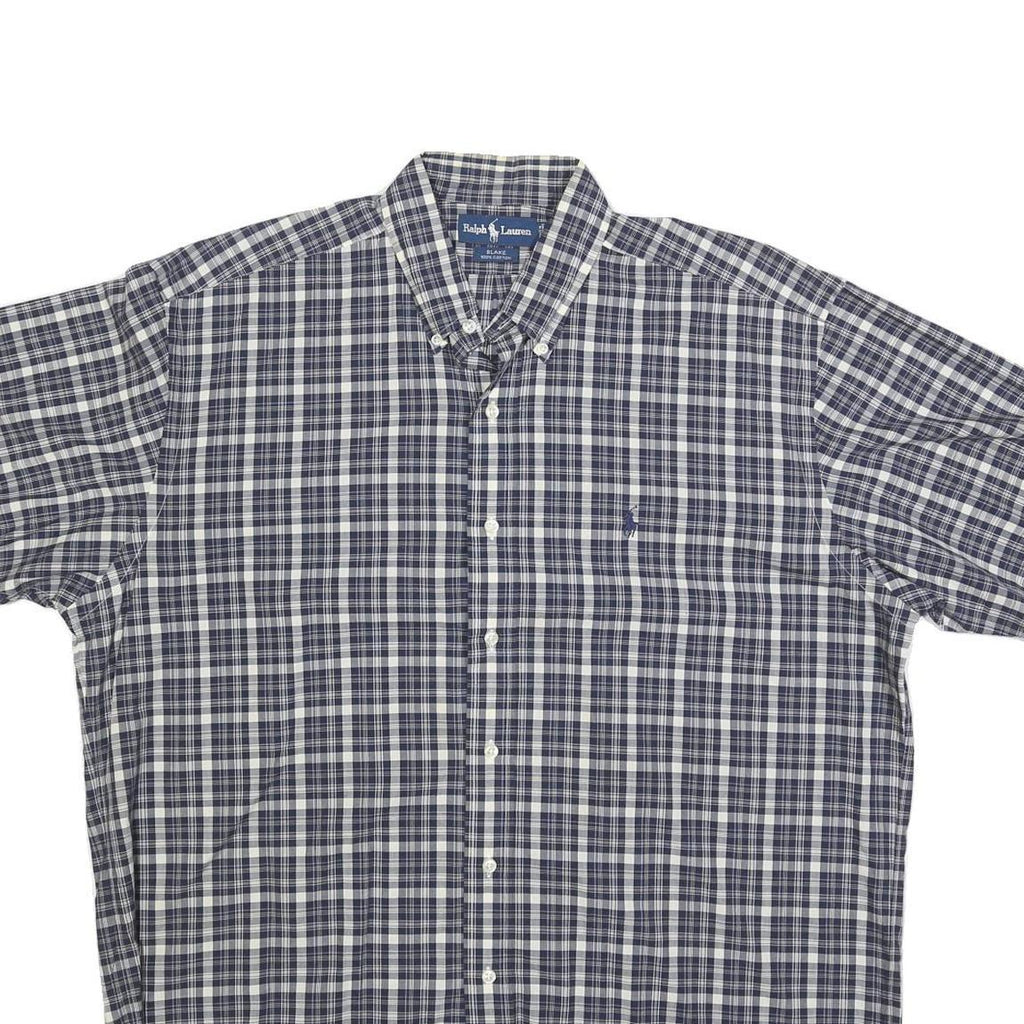 RALPH LAUREN Mens Blue & White Check Shirt L Button-Down Short Sleeve Cotton