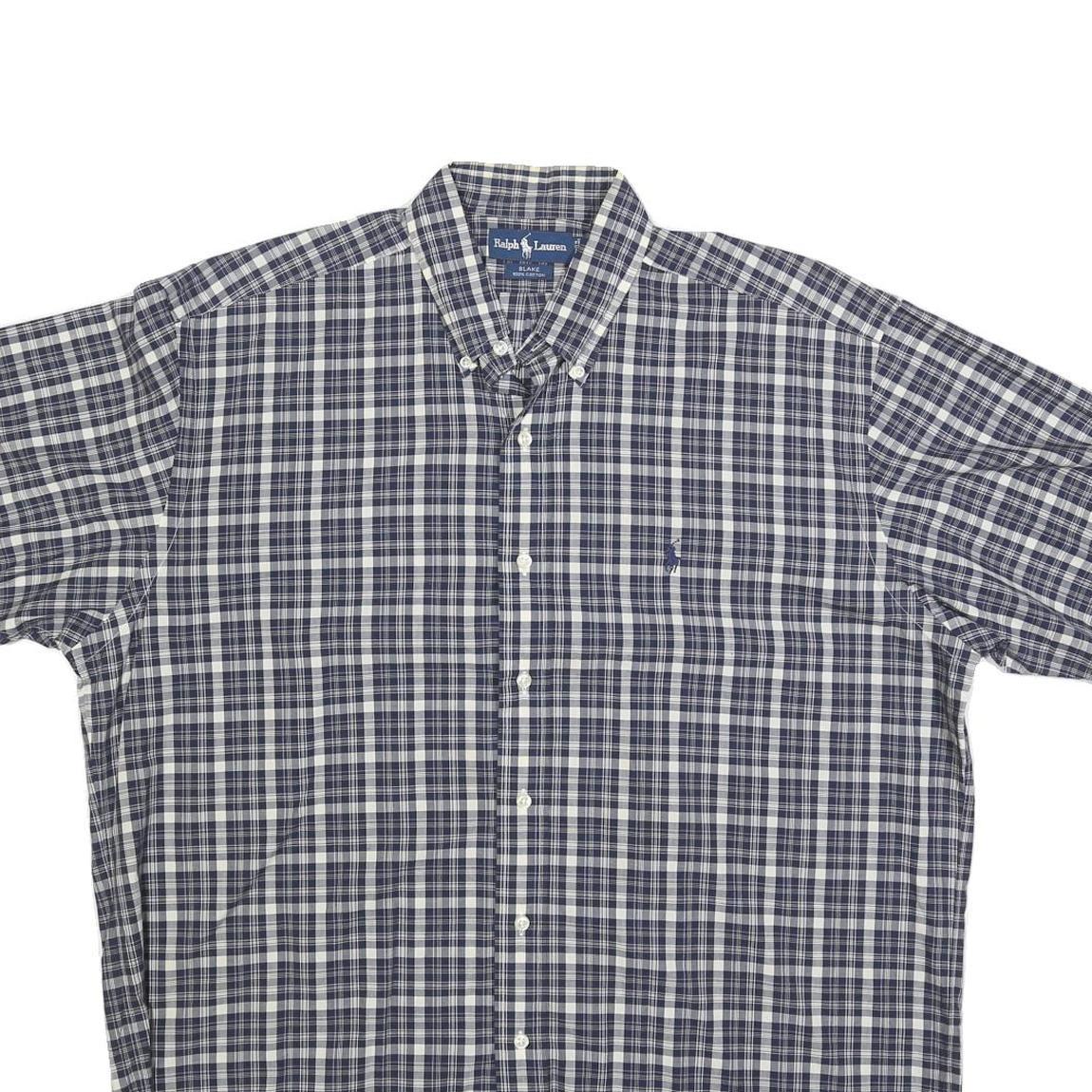 RALPH LAUREN Mens Blue & White Check Shirt L Button-Down Short Sleeve Cotton