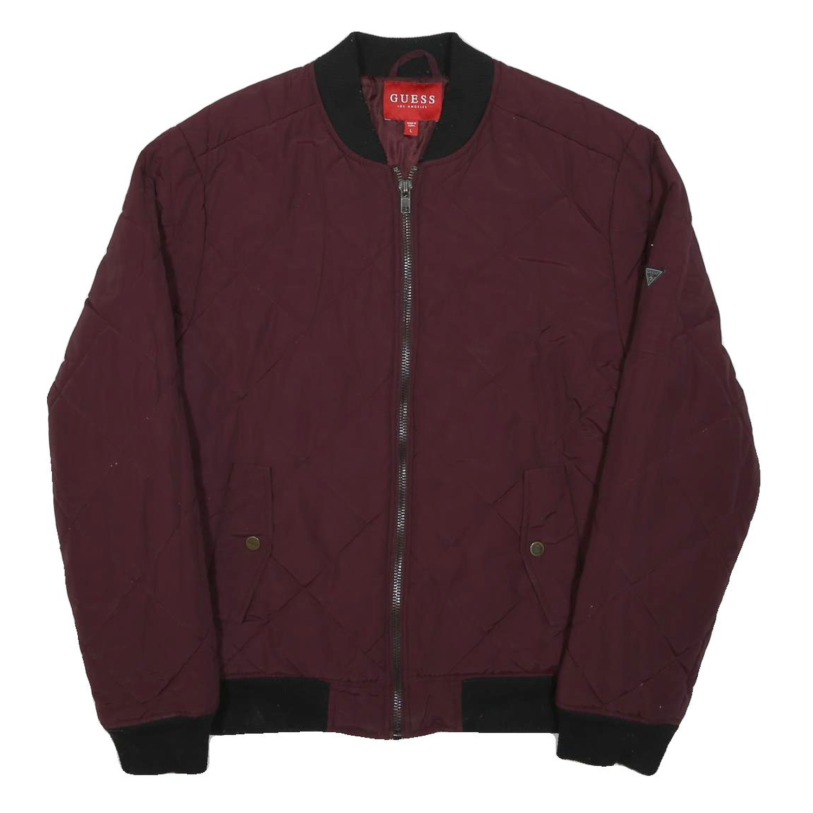GUESS Womens Maroon Quilted Zip Jacket L Cotton Blend Bomber Style