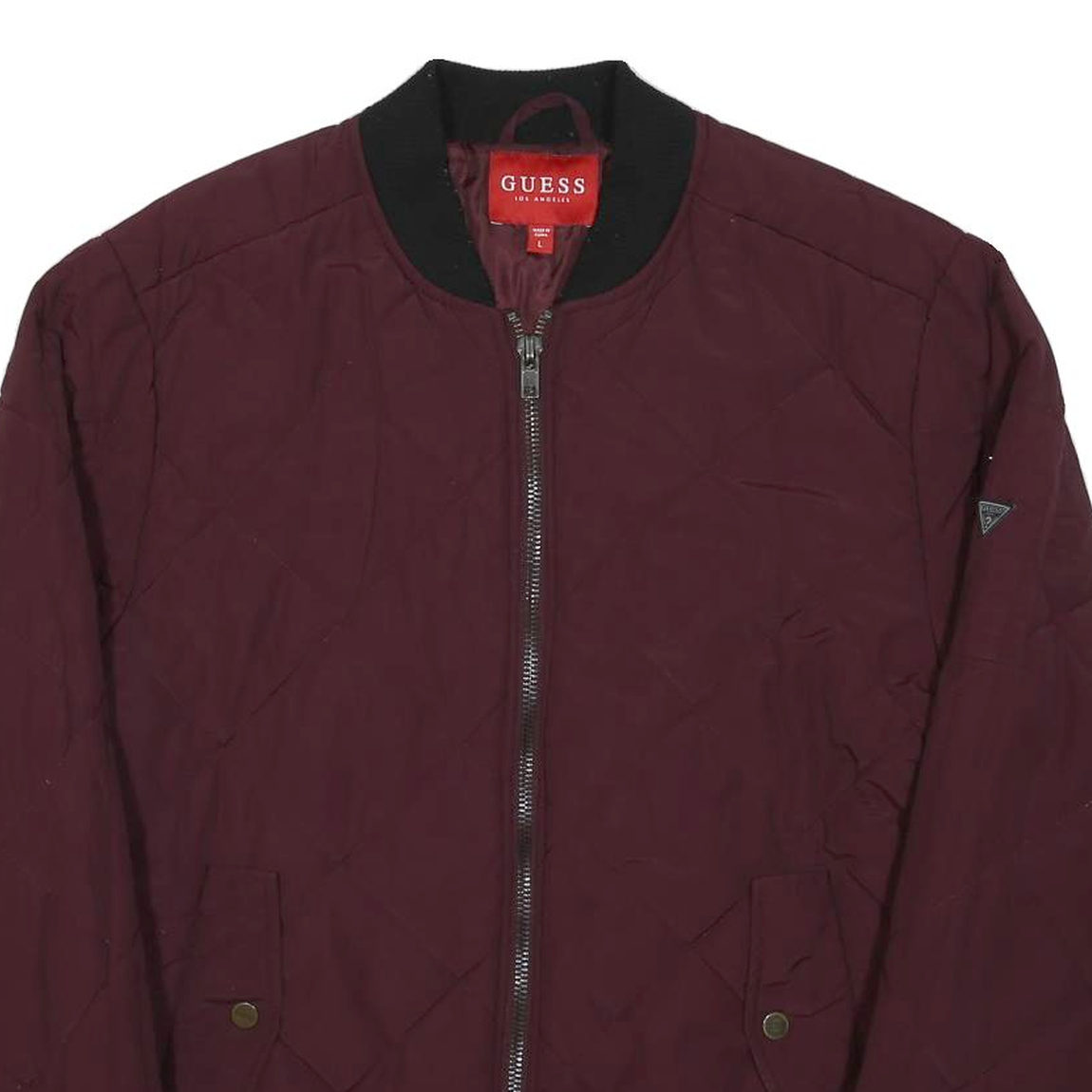 GUESS Womens Maroon Quilted Zip Jacket L Cotton Blend Bomber Style