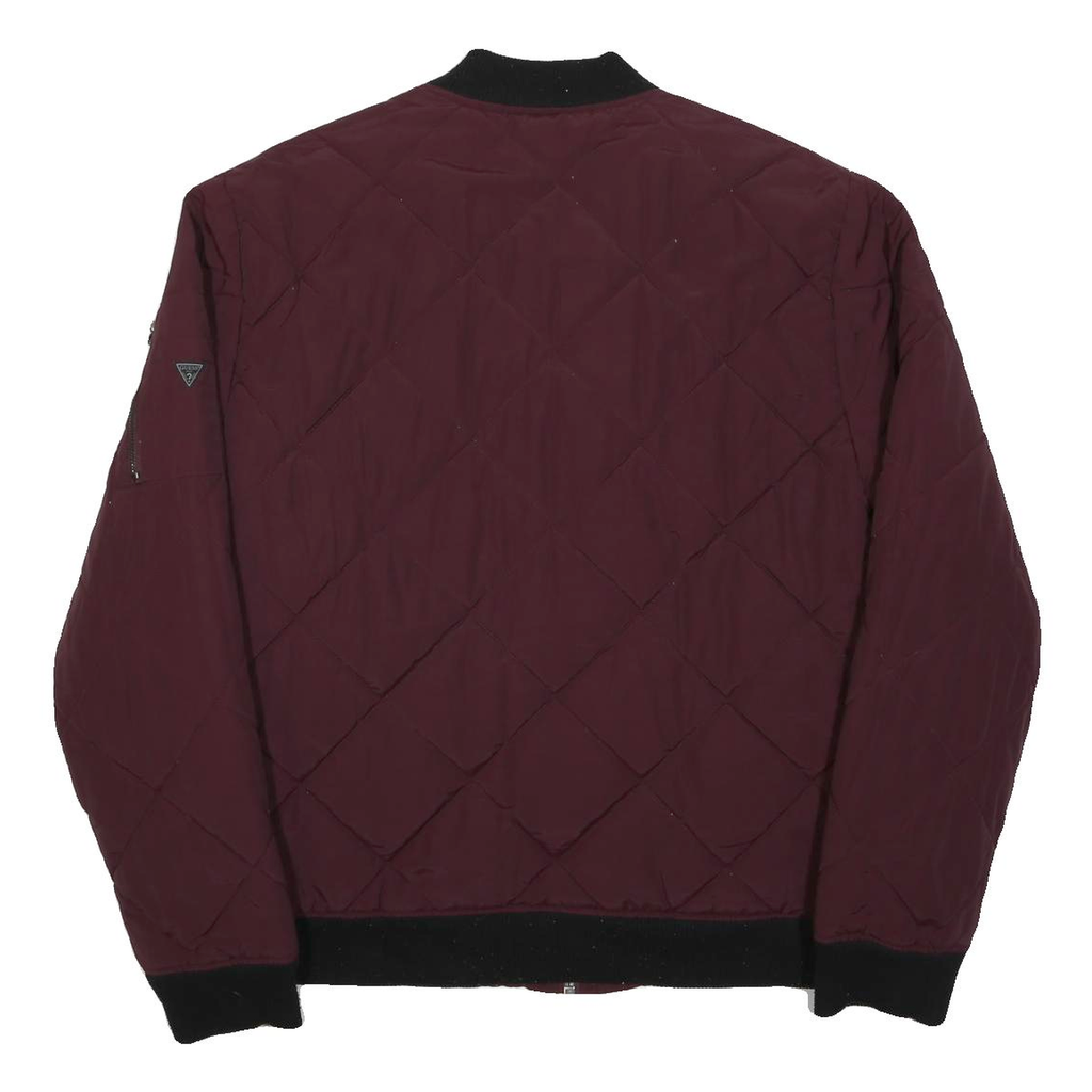 GUESS Womens Maroon Quilted Zip Jacket L Cotton Blend Bomber Style