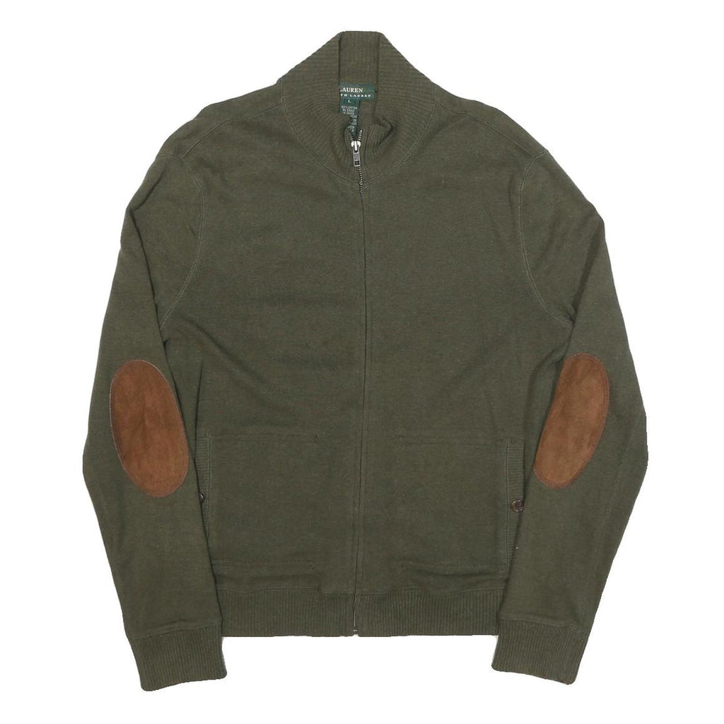 LAUREN RALPH LAUREN Womens Green Brown Patch Patterned Full Zip Crew Neck Cotton