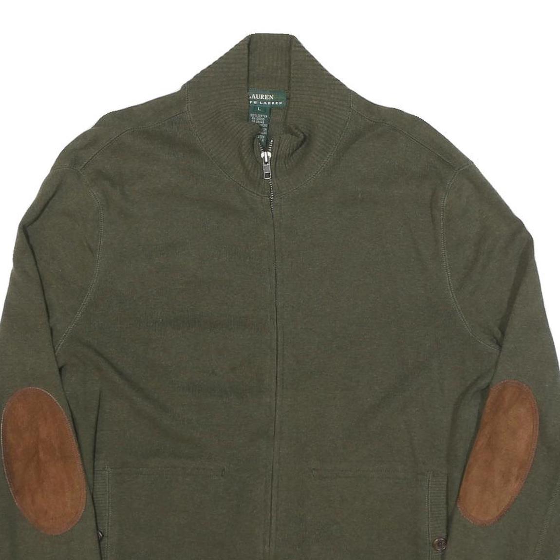 LAUREN RALPH LAUREN Womens Green Brown Patch Patterned Full Zip Crew Neck Cotton