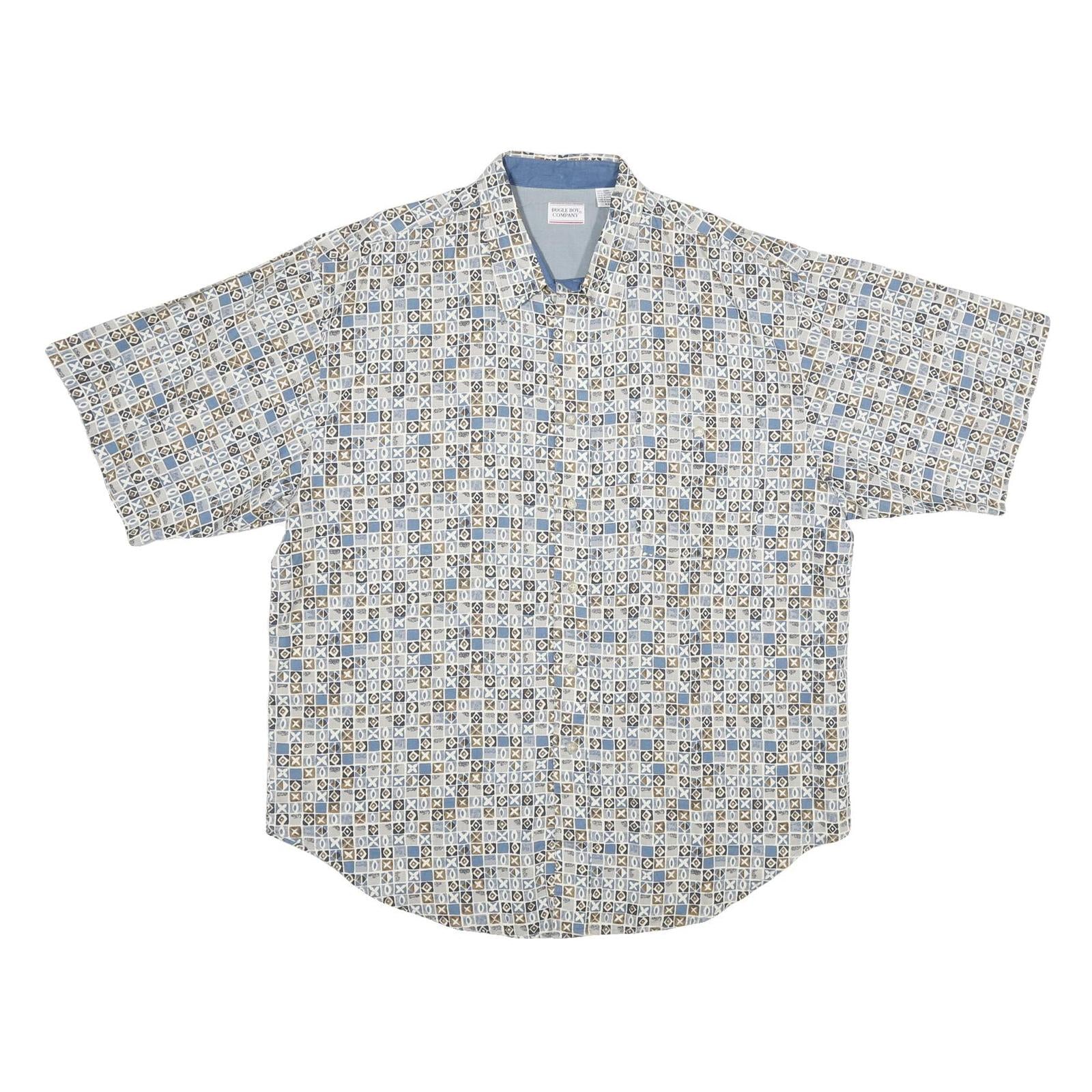 BUGLE BOY Mens Blue & Beige Pattern Cotton Shirt 2XL Short Sleeve Casual