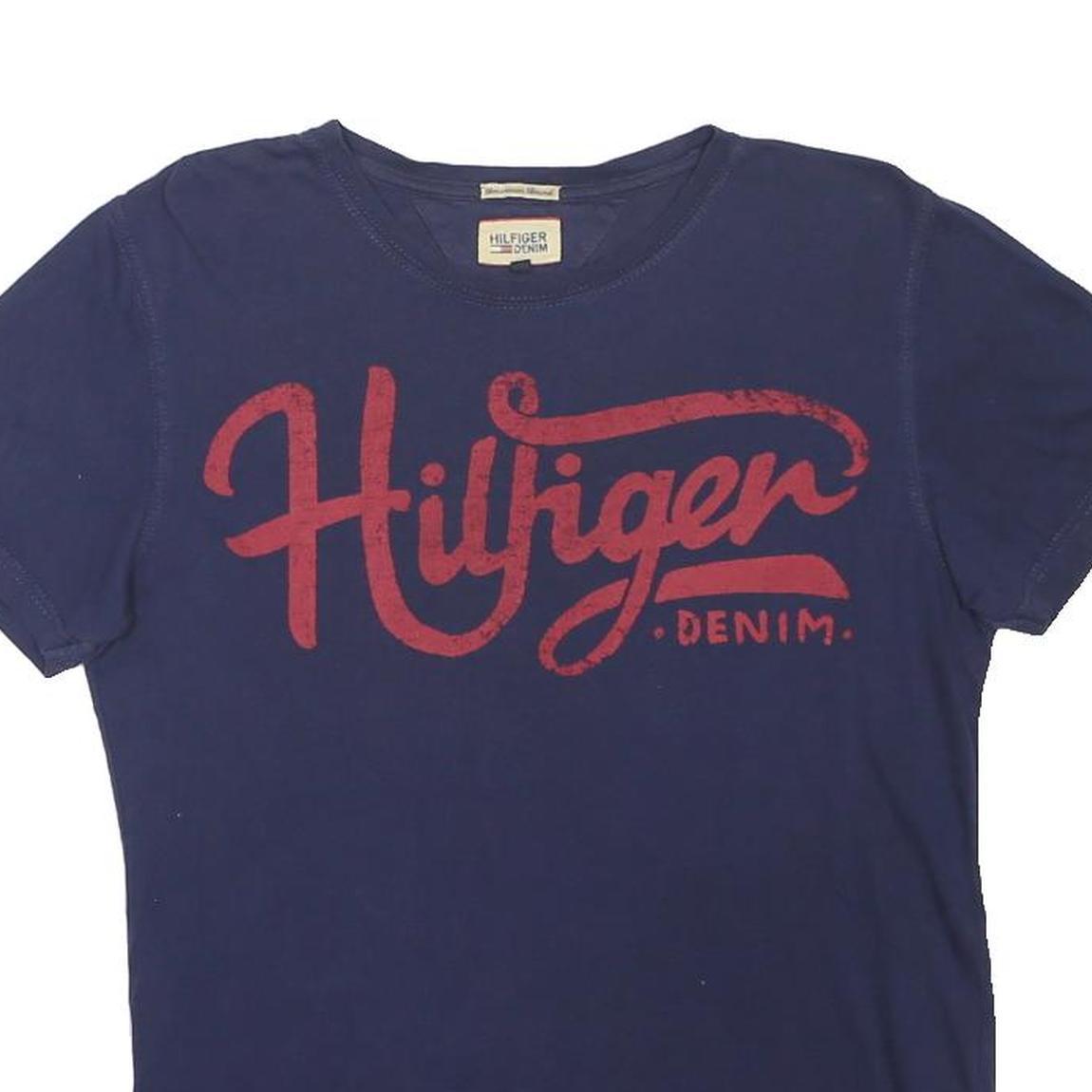 TOMMY HILFIGER Mens Navy Blue Graphic T-Shirt S Short Sleeve Crew Neck Cotton