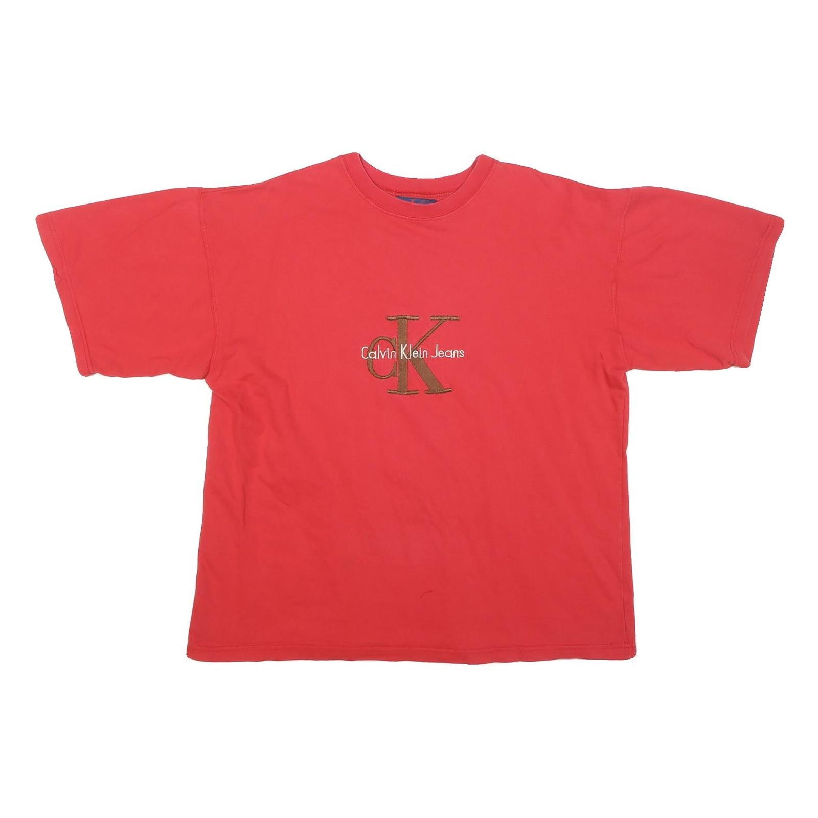 CALVIN KLEIN Mens Red Essential Logo T-Shirt XL Short Sleeve Crew Neck Cotton