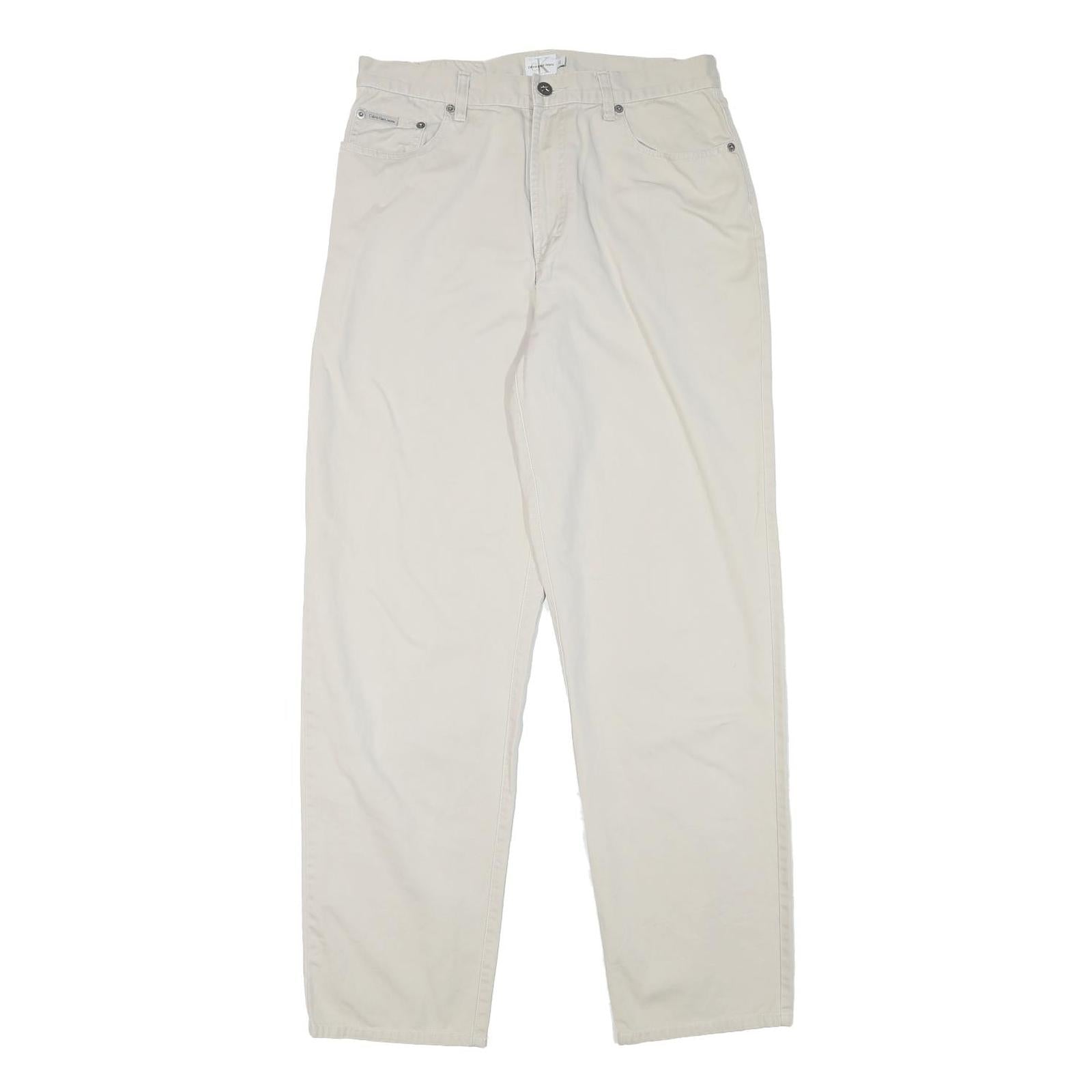 CALVIN KLEIN Womens Cotton Blend Cream Relaxed Straight Trousers W30 L31 Casual