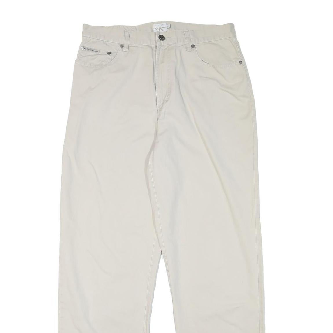 CALVIN KLEIN Womens Cotton Blend Cream Relaxed Straight Trousers W30 L31 Casual