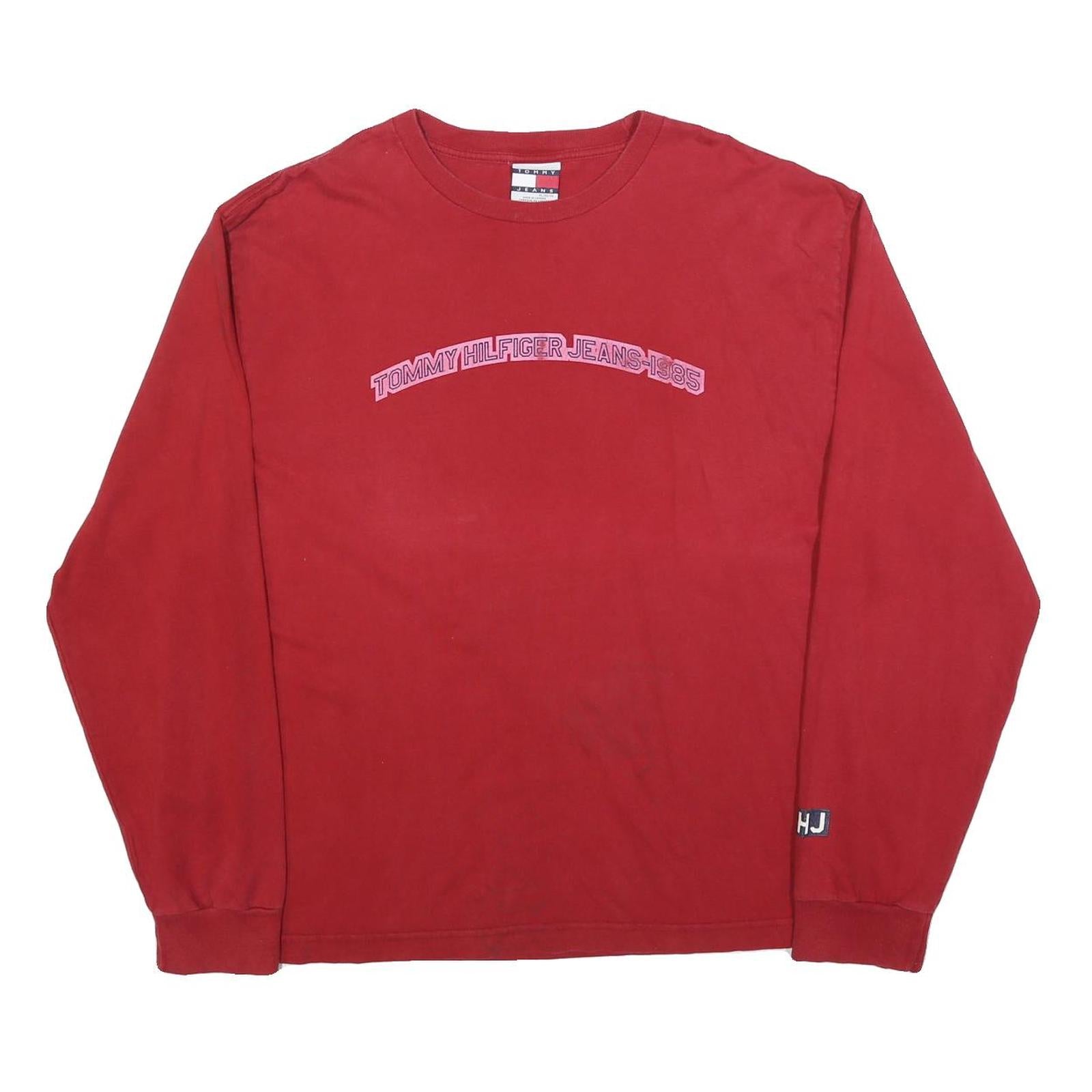 TOMMY JEANS Mens Red Graphic T-Shirt XL Long Sleeve Crew Neck Classic Fit