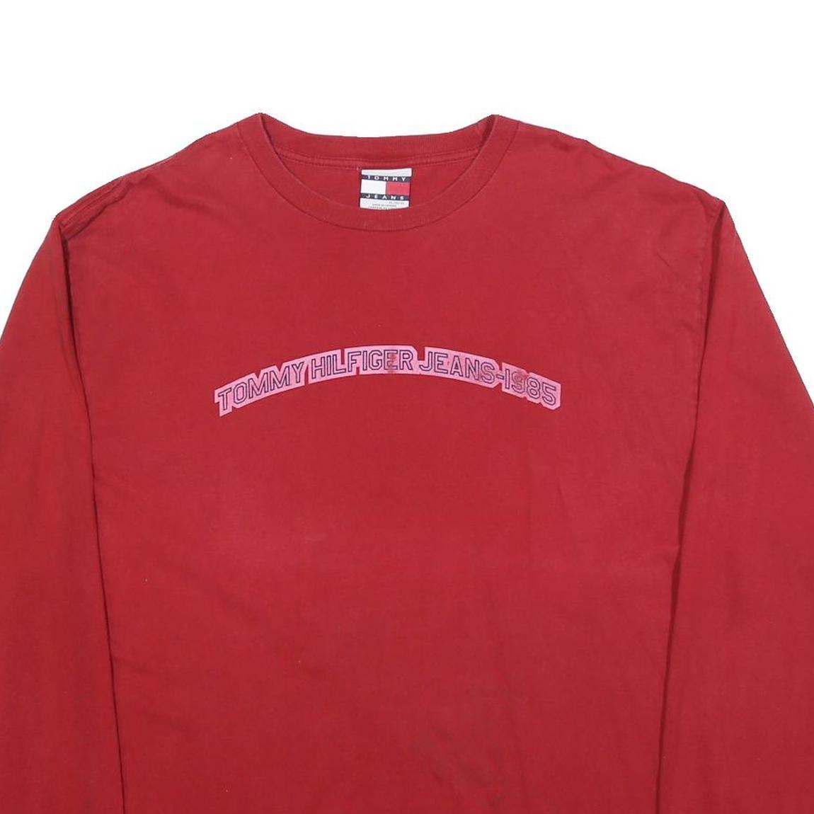 TOMMY JEANS Mens Red Graphic T-Shirt XL Long Sleeve Crew Neck Classic Fit