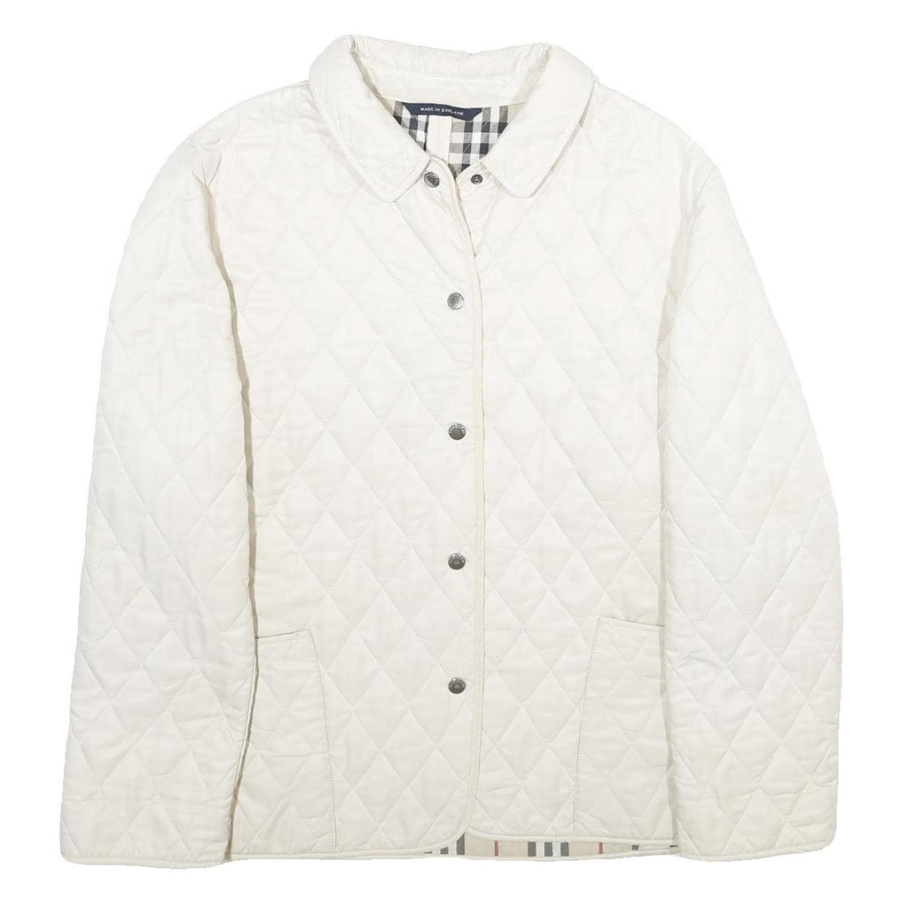 BURBERRY Womens White Quilted Button Jacket L Polyester Classic Lightweight