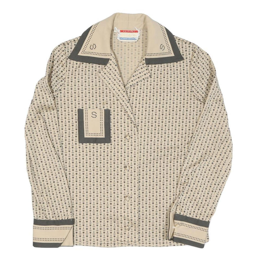 Womens Beige Anchor Print Shirt Long Sleeve Collared Cotton Blend S Nautical