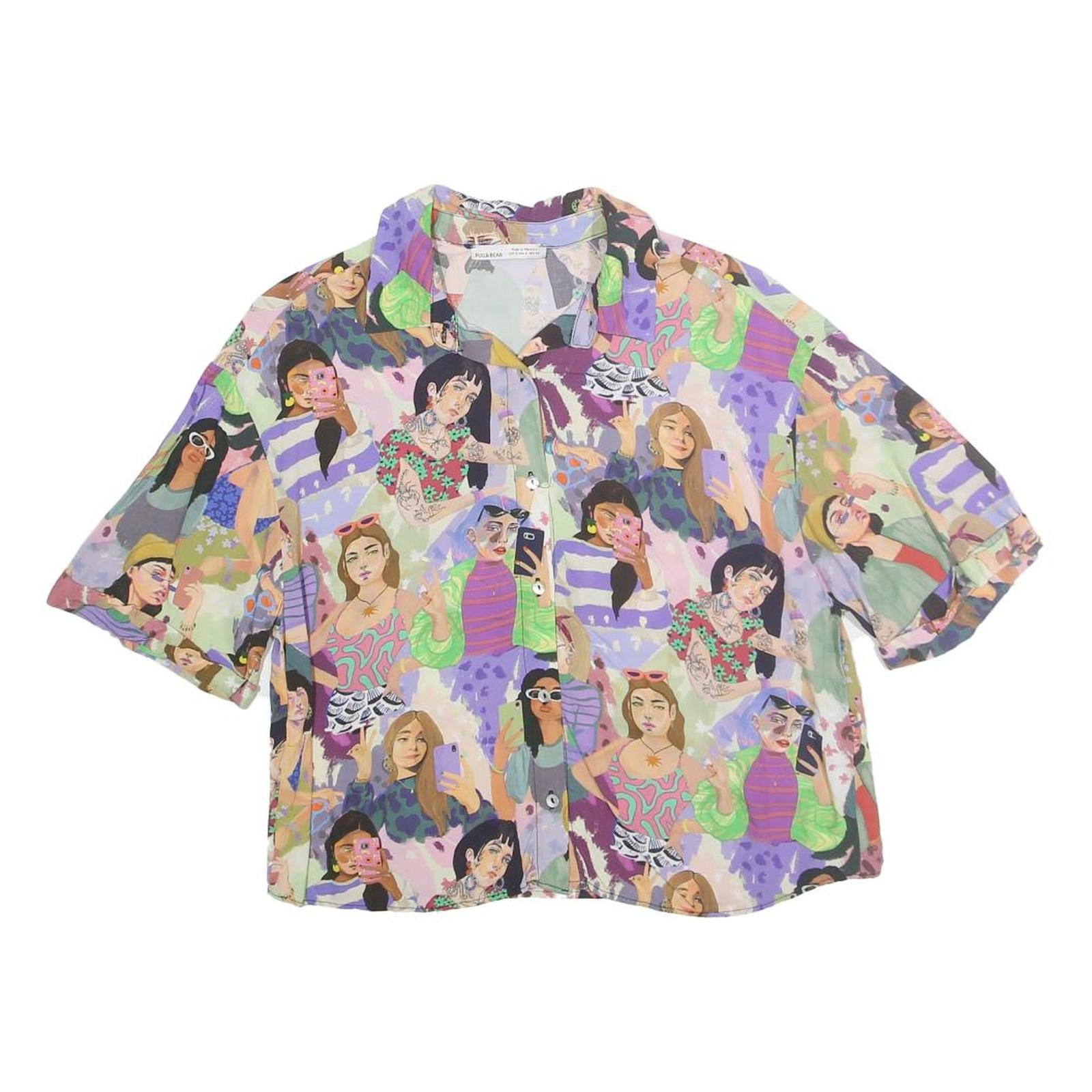 PULL & BEAR Womens Printed Shirt Short Sleeve Collared S Cotton Blend Casual