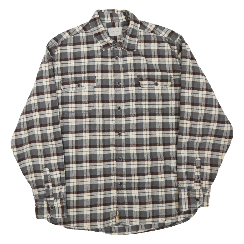 JACHS Mens Grey & Brown Check Shirt L Cotton Blend Casual Long Sleeve Button