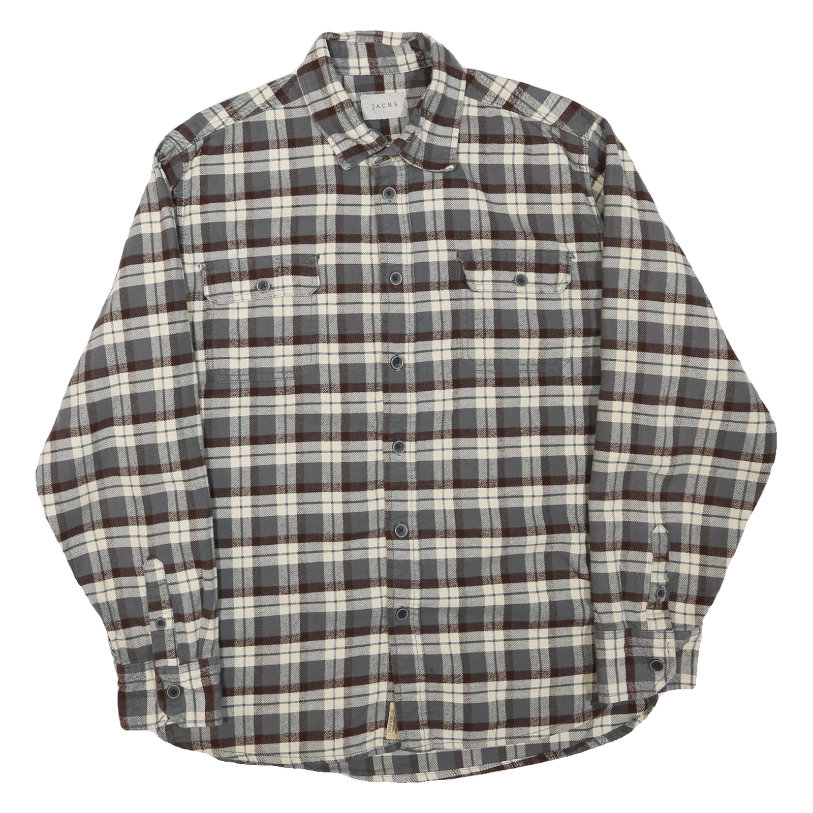 JACHS Mens Grey & Brown Check Shirt L Cotton Blend Casual Long Sleeve Button