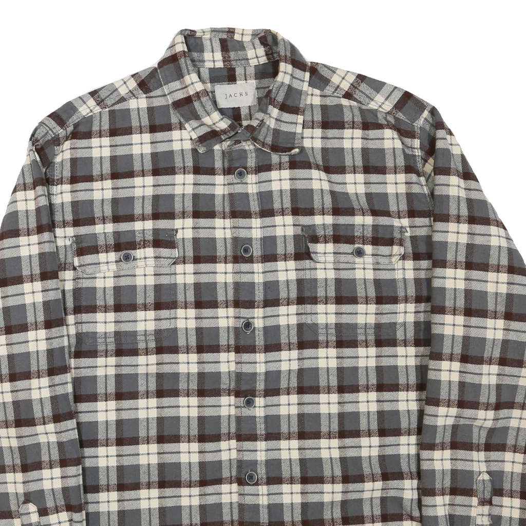 JACHS Mens Grey & Brown Check Shirt L Cotton Blend Casual Long Sleeve Button