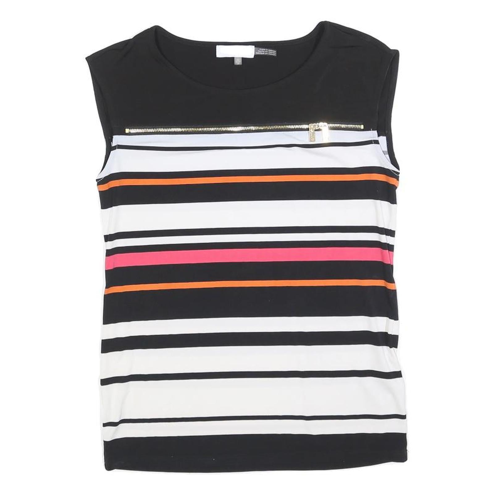 CALVIN KLEIN Womens Black White Pink Orange Striped Sleeveless Crew Neck Top XS