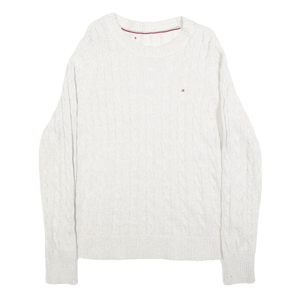 TOMMY HILFIGER Womens White Cable Knit Cotton Blend Jumper Crew Neck M