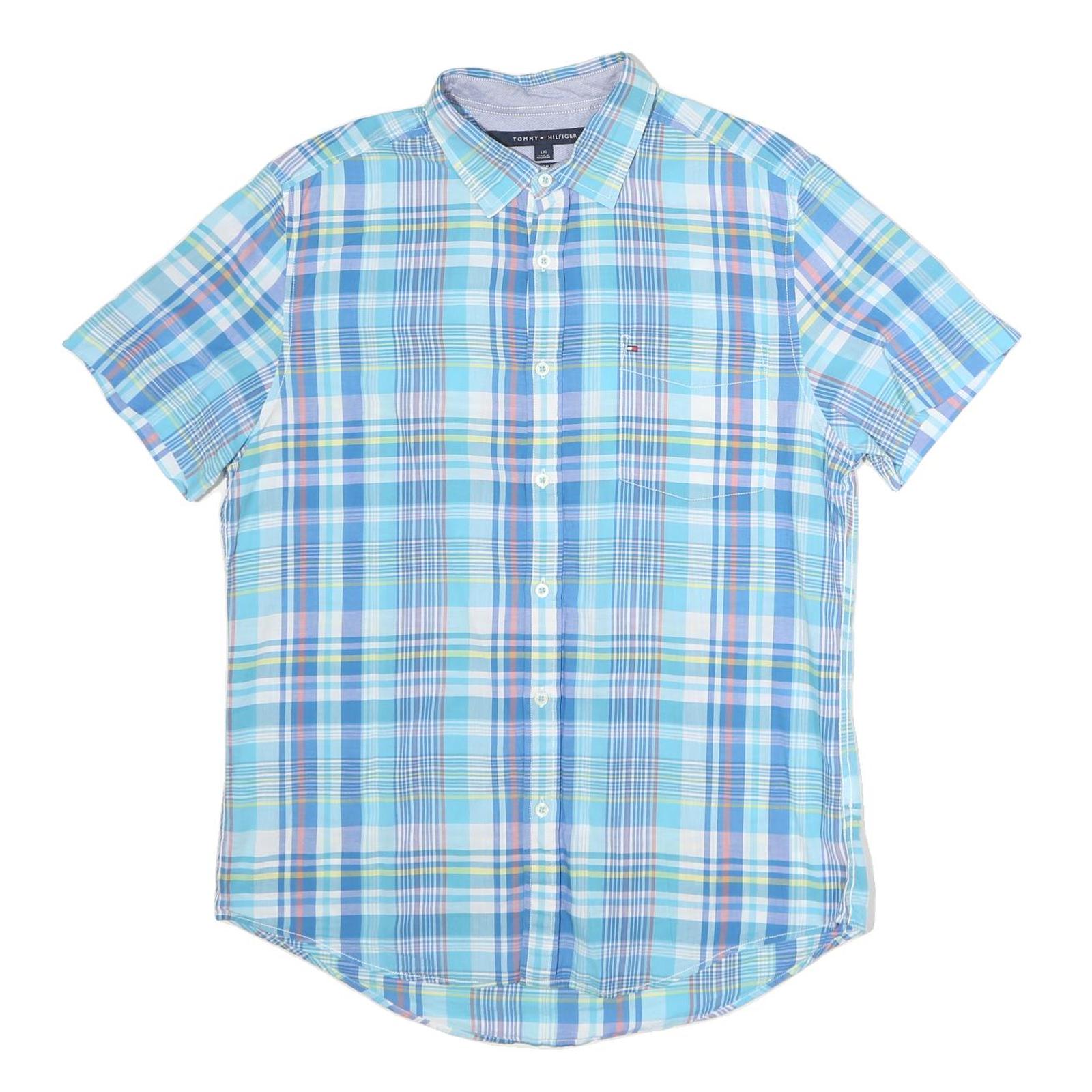 TOMMY HILFIGER Mens Blue Plaid Cotton Shirt Short Sleeve L Casual Summer