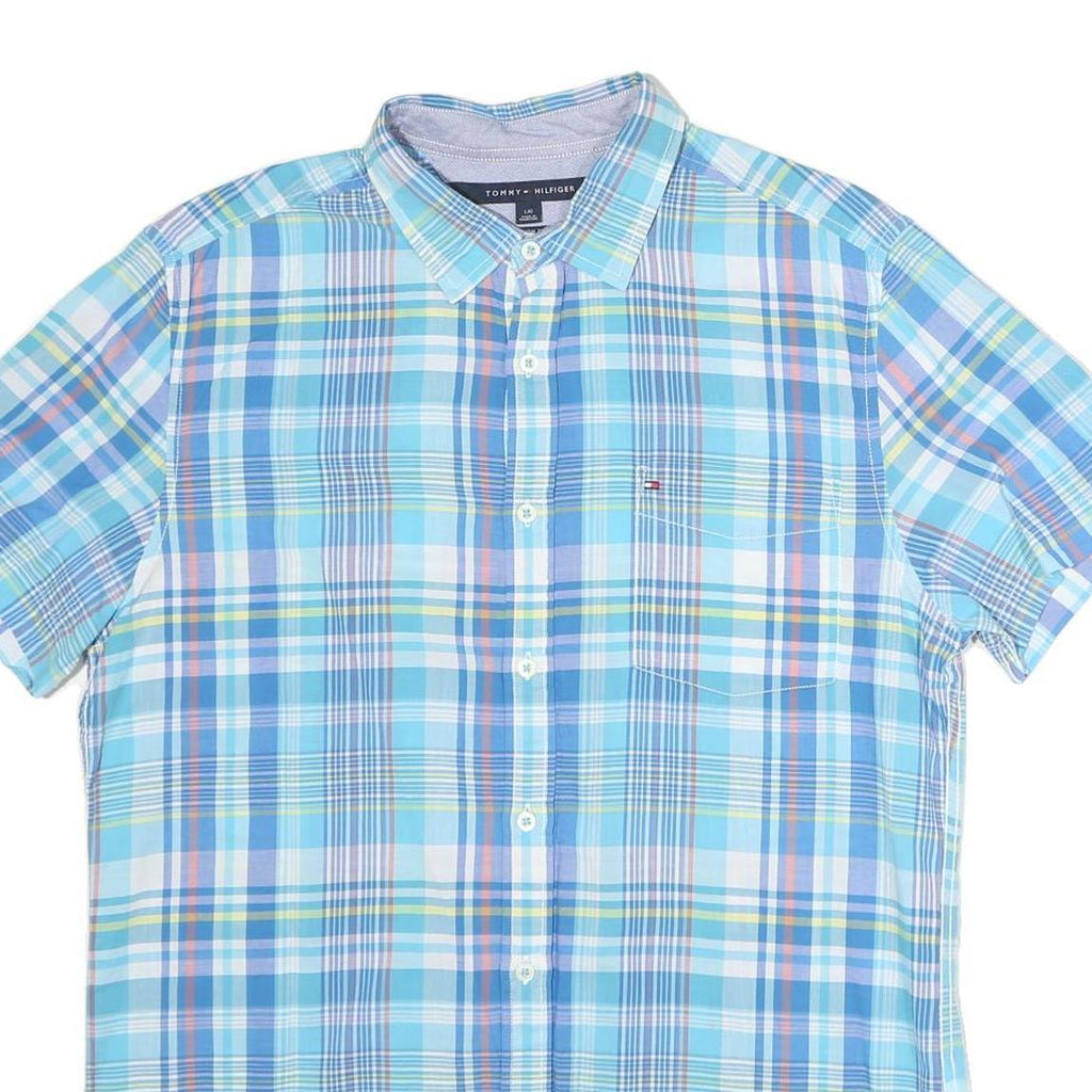 TOMMY HILFIGER Mens Blue Plaid Cotton Shirt Short Sleeve L Casual Summer