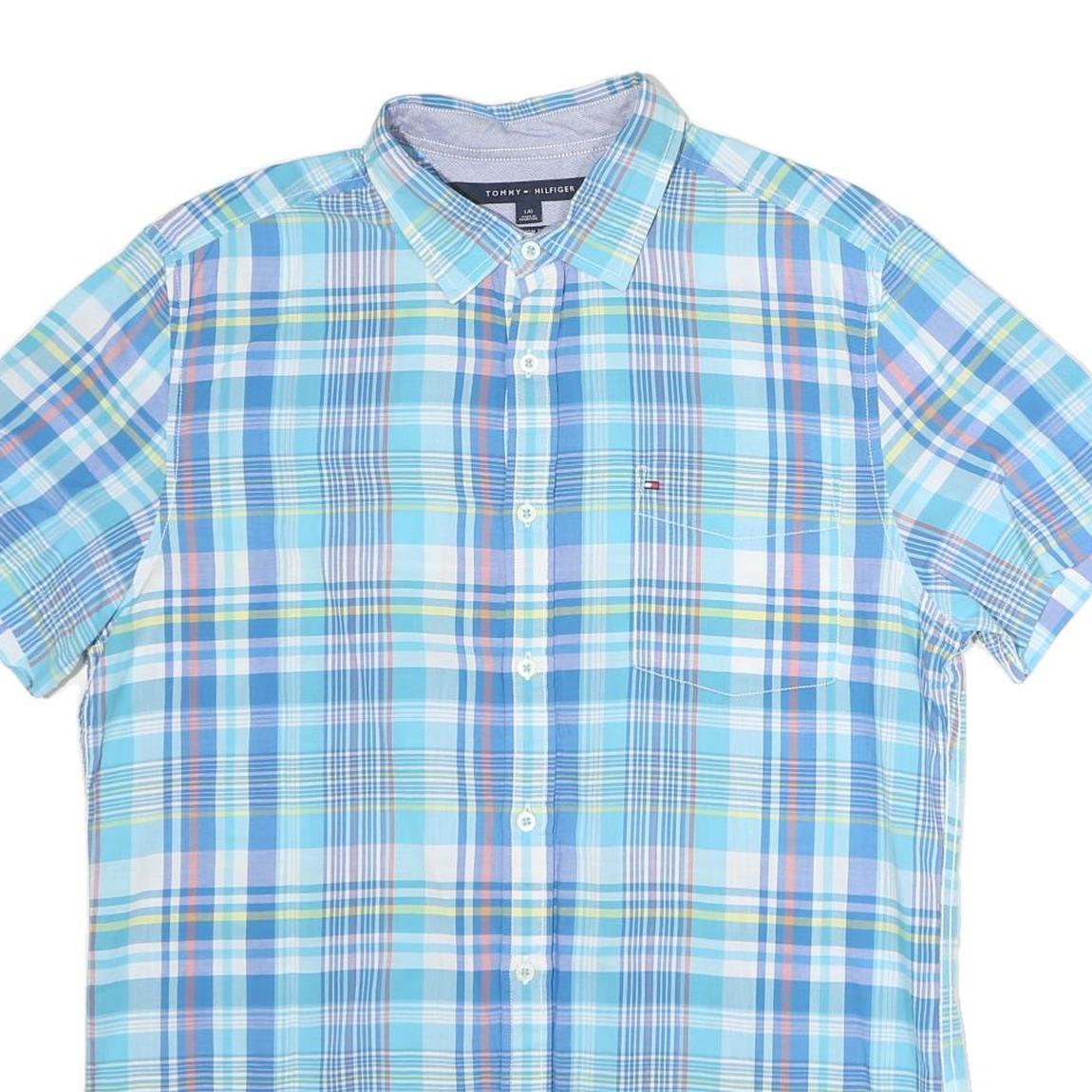 TOMMY HILFIGER Mens Blue Plaid Cotton Shirt Short Sleeve L Casual Summer