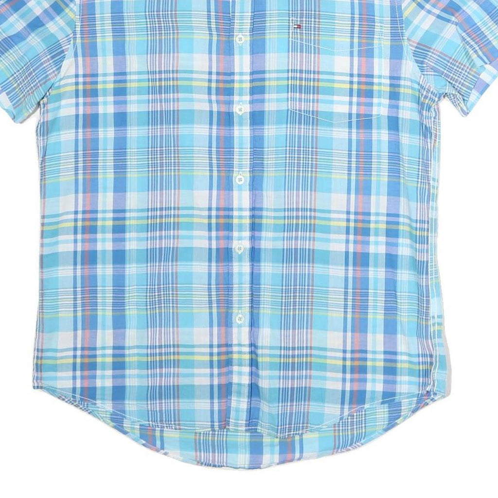 TOMMY HILFIGER Mens Blue Plaid Cotton Shirt Short Sleeve L Casual Summer