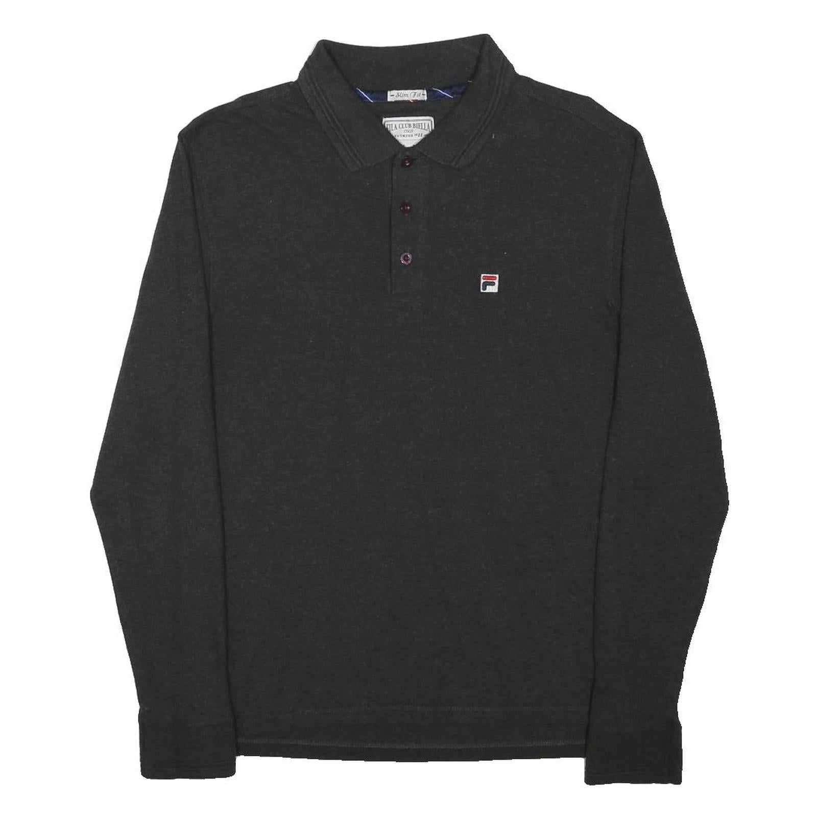 FILA Mens Black Long Sleeve Plain Cotton Blend Polo Shirt M Slim Fit