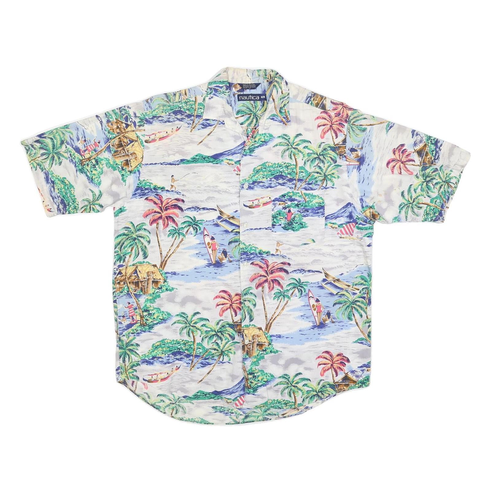 NAUTICA Mens White Tropical Print Cotton Shirt M Hawaiian Style Casual Shirt