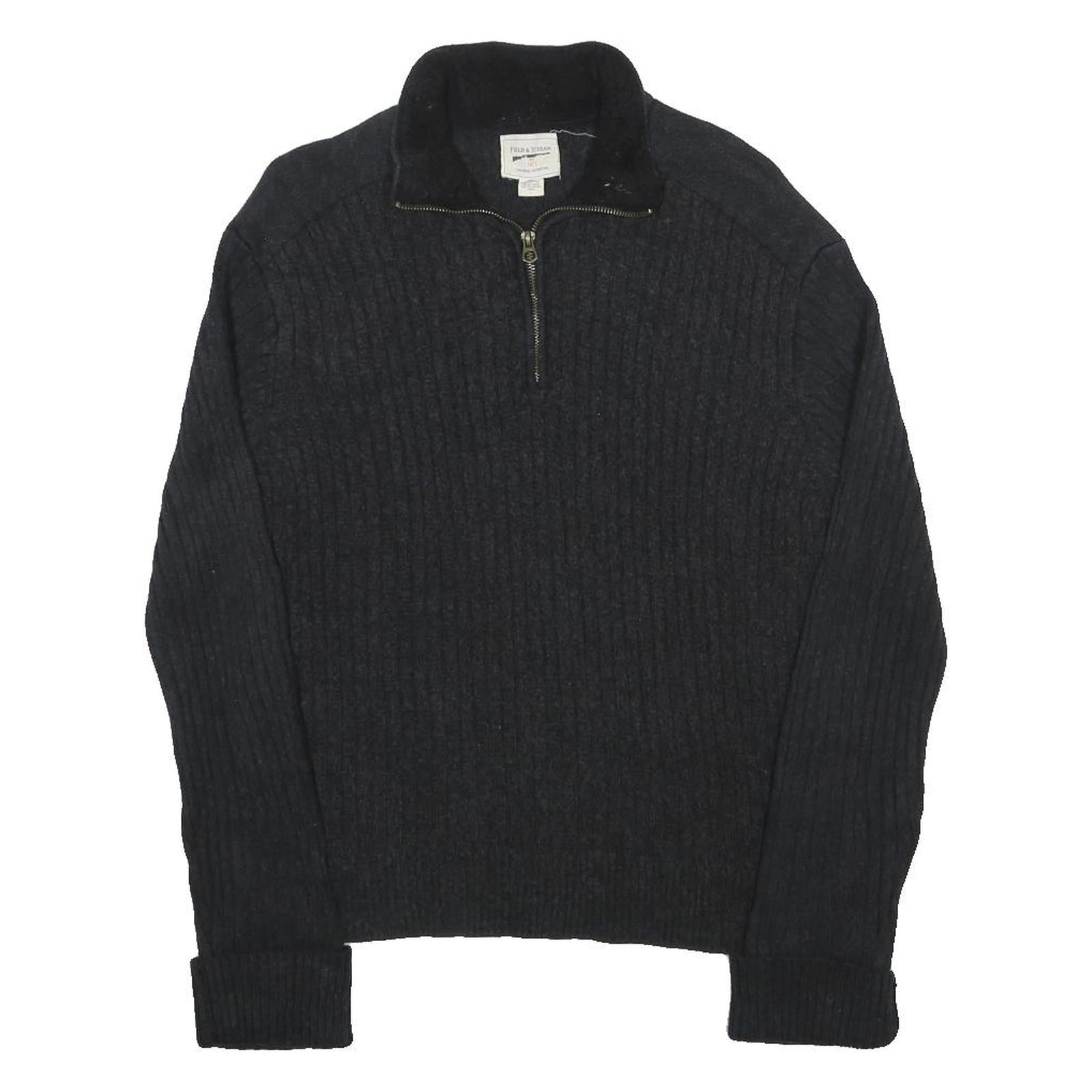 FIELD & STREAM Mens Black Plain Cotton Jumper Zip Neck Rib Knit L Casual Outdoor