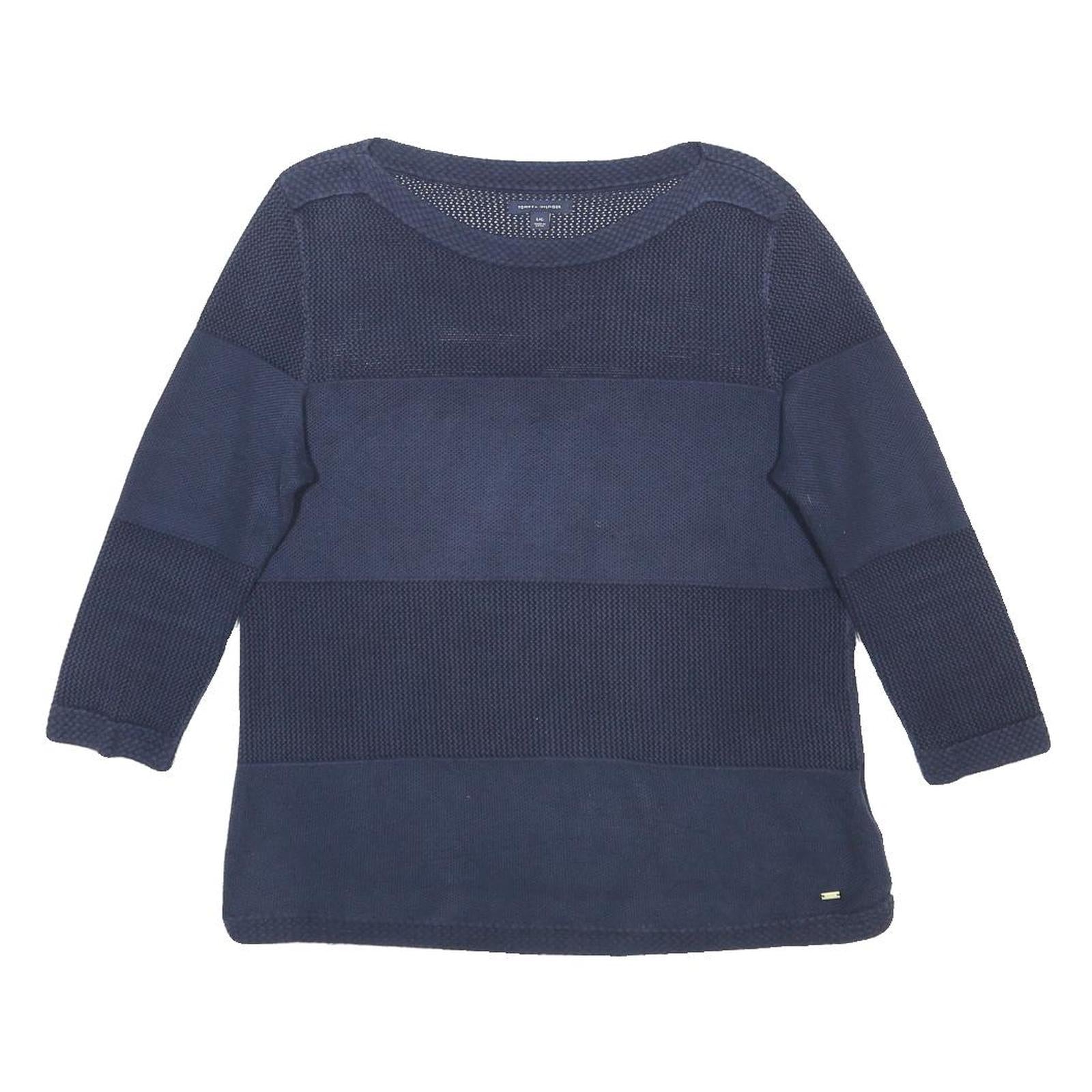 TOMMY HILFIGER Womens Blue Patterned Jumper Crew Neck Basic Knit L Cotton