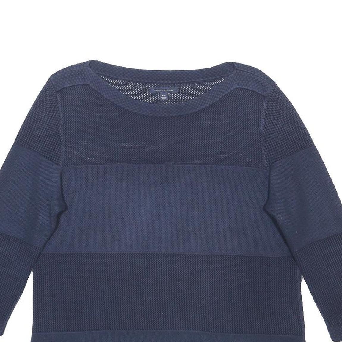 TOMMY HILFIGER Womens Blue Patterned Jumper Crew Neck Basic Knit L Cotton