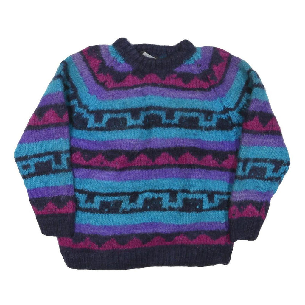 GANESH HIMAL Womens Blue & Purple Patterned Wool Jumper Crew Neck Chunky Knit M