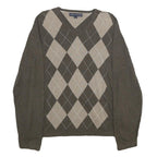 TOMMY HILFIGER Mens Brown & Beige Patterned Cotton Jumper V-Neck Basic Knit L