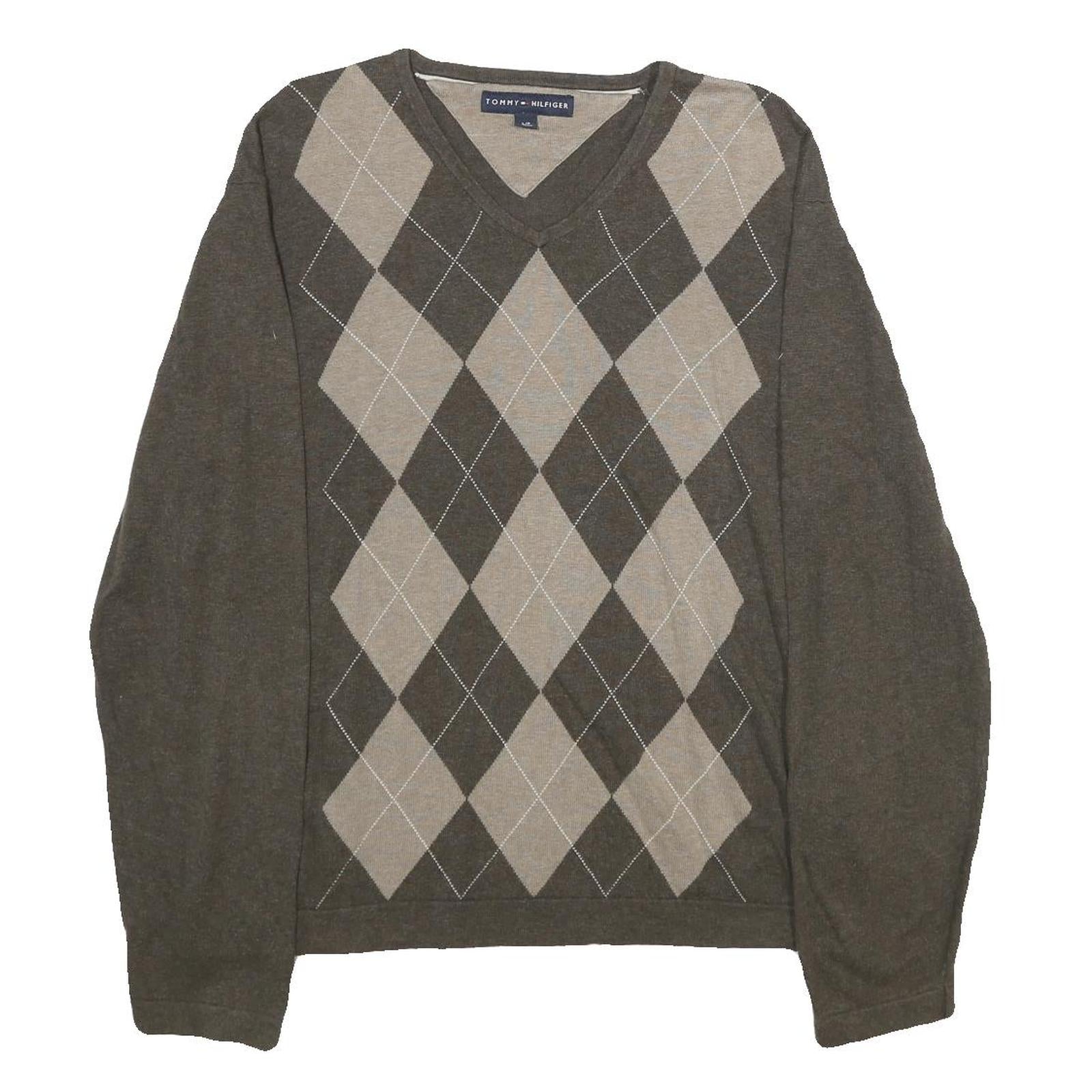 TOMMY HILFIGER Mens Brown & Beige Patterned Cotton Jumper V-Neck Basic Knit L