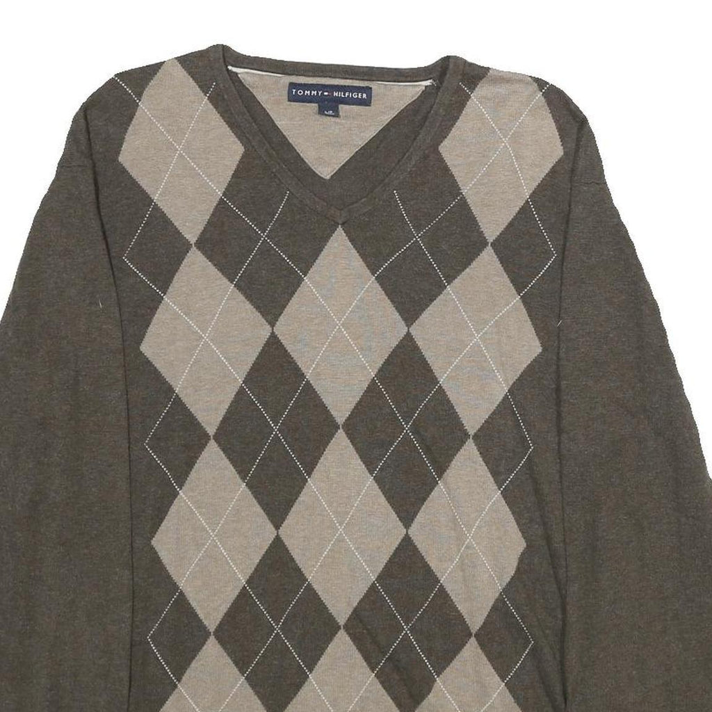 TOMMY HILFIGER Mens Brown & Beige Patterned Cotton Jumper V-Neck Basic Knit L