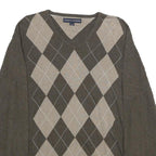 TOMMY HILFIGER Mens Brown & Beige Patterned Cotton Jumper V-Neck Basic Knit L