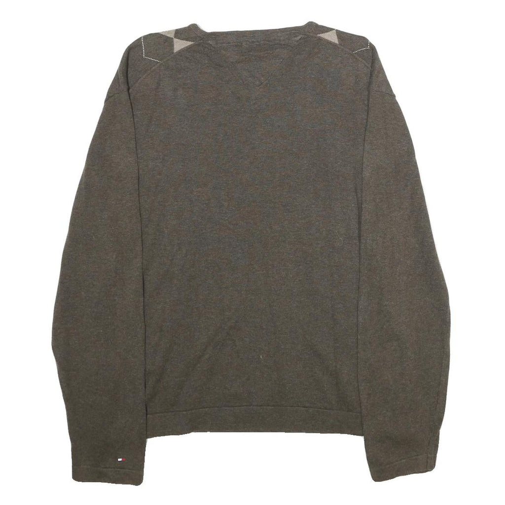 TOMMY HILFIGER Mens Brown & Beige Patterned Cotton Jumper V-Neck Basic Knit L