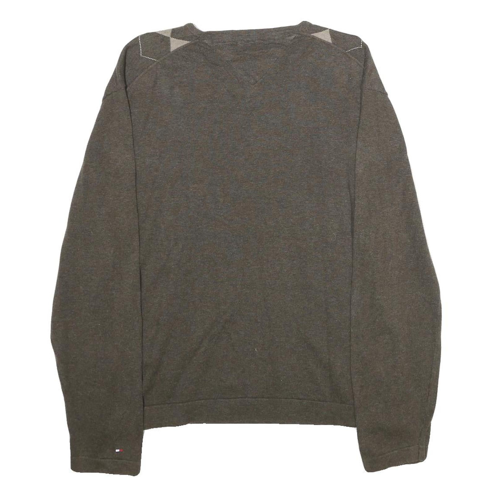 TOMMY HILFIGER Mens Brown & Beige Patterned Cotton Jumper V-Neck Basic Knit L