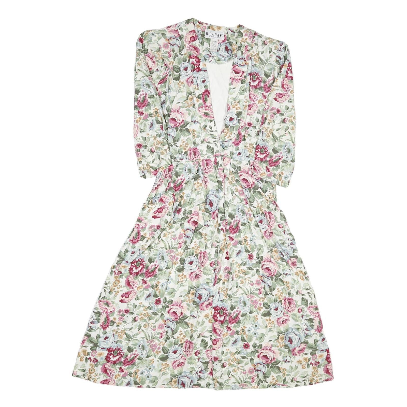 R J STEVENS Womens Cream Floral Fit & Flare Woven Midi Dress UK 12 Button V-Neck