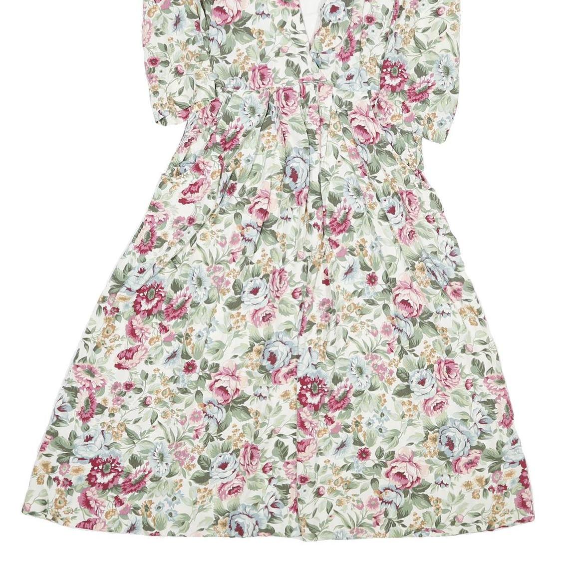 R J STEVENS Womens Cream Floral Fit & Flare Woven Midi Dress UK 12 Button V-Neck